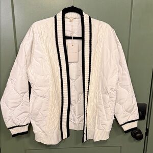 eesome White Quilted Open Cardigan Jacket with Black Trim